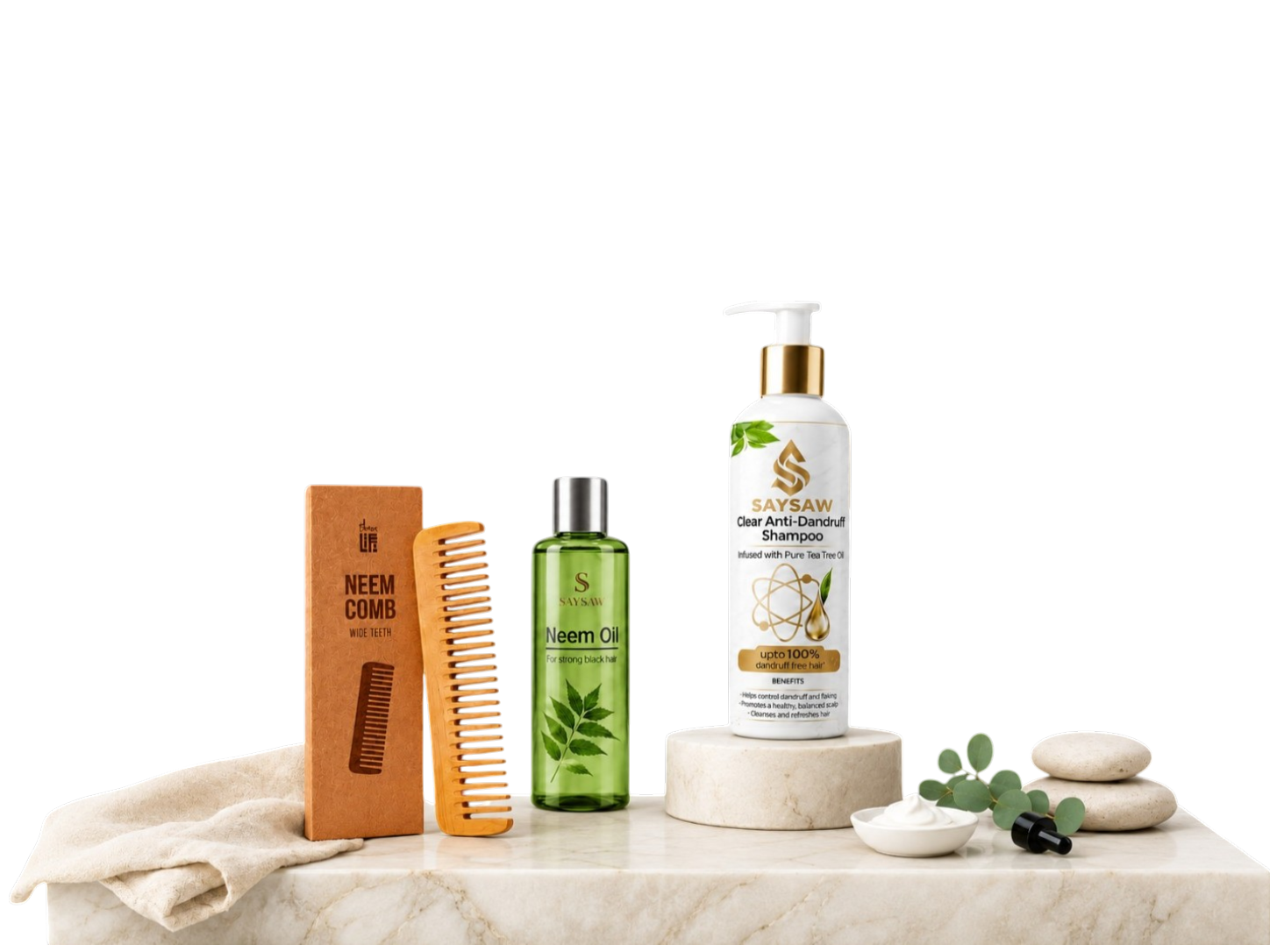 SAYSAW Neem Comb, Neem Oil and Clear Anti-Dandruff Shampoo on a marble pedestal